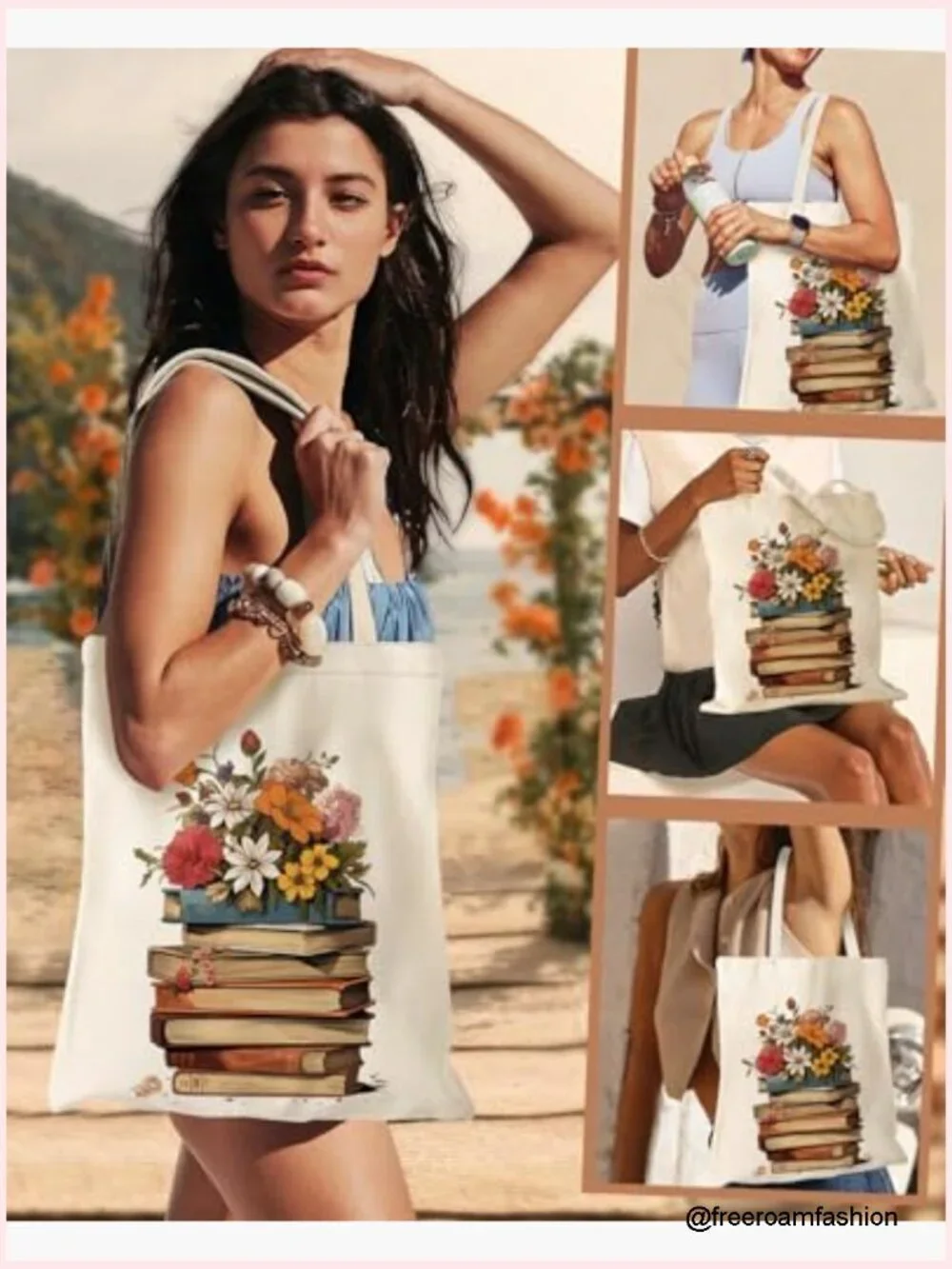 Cotton Canvas Tote Bag with Zipper Handles, Large Capacity, Reusable